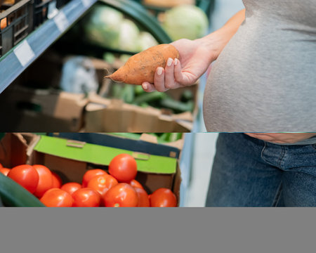 Pregnant woman buying sweet potato in the storeの写真素材