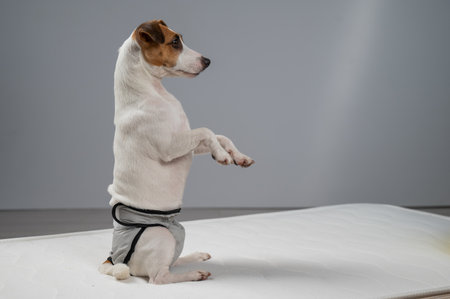 Jack Russell Terrier Dog on Bed in Reusable Diapersの写真素材