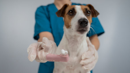 A vet is cleaning the teeth of a Jack Russell Terrierの写真素材
