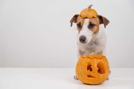 Jack Russell Terrier dog with a pumpkin cap and a jack-o-lantern on a white backgroundの写真素材