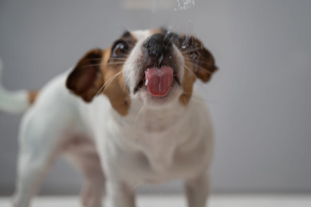 Jack Russell Terrier dog licking transparent glass on white backgroundの写真素材