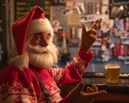 Santa Claus drinking beer at a barの写真素材