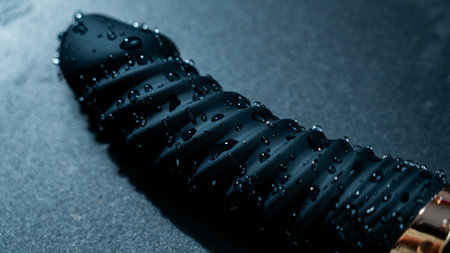 Black silicone vibrator in water. Circles on water around sex toyの写真素材