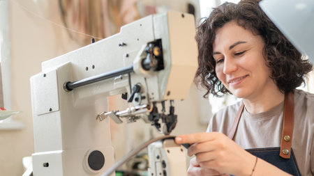 A woman tanner sews a leather belt on a sewing machineの写真素材