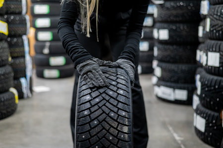 Mechanic keeps new studded car tires in garageの写真素材