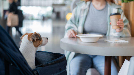 A Caucasian woman is having lunch in a cafe with her dog in a stroller. Close-up portrait of a Jack Russell Terrierの写真素材