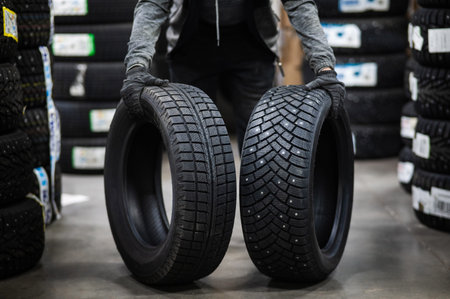 Mechanic keeps new summer and winter car tires in the garage. Comparison of wheels for different...