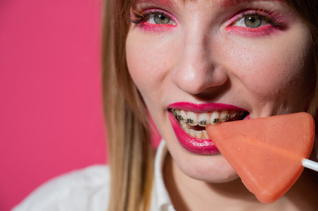 Portrait of a young woman with braces and bright makeup eating a lollipop on a pink backgroundの写真素材