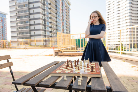 Caucasian woman playing chess outdoorsの写真素材