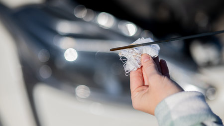 Close up of hands of female driver checking oil level in car engineの写真素材