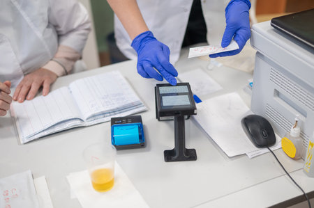 A narcologist tests urine for drugs using an electronic device