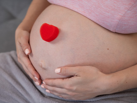Caucasian pregnant woman holding heart on belly background. Third trimesterの写真素材