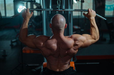 Caucasian man doing lat pull-downs on a machineの写真素材