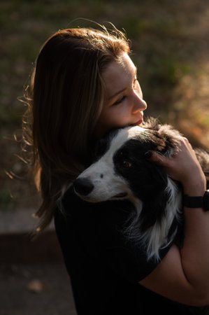 Young woman hugging her border collie dog while walking in the parkの写真素材