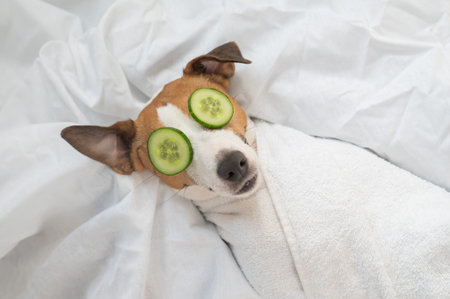 Jack Russell Terrier Wrapped in Towel with Cucumbers on Eyes. Dog Spaの写真素材