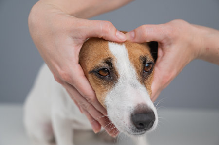 Owner holds her hands in the shape of a heart near the face of her Jack Russell Terrierの写真素材