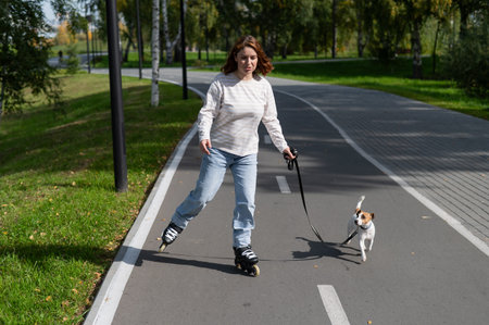 Caucasian woman roller skating with her jack russell terrier dog in park