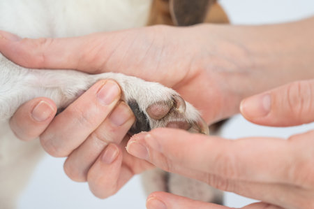 The owner puts wax on the dogs pawsの写真素材