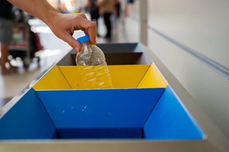 Woman at the airport sorting trash and throwing out a plastic bottleの写真素材