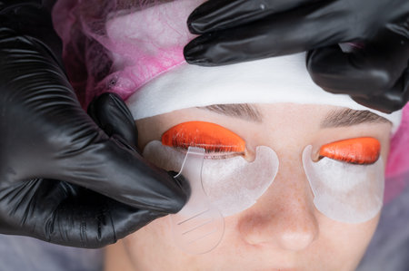 Caucasian woman undergoing eyelash lamination procedureの写真素材
