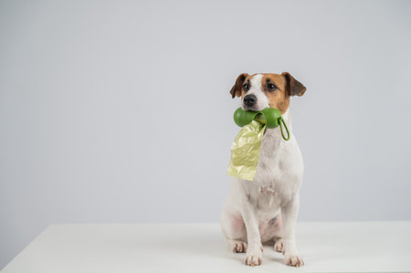 Jack Russell Terrier dog holding container with dog waste bagの写真素材