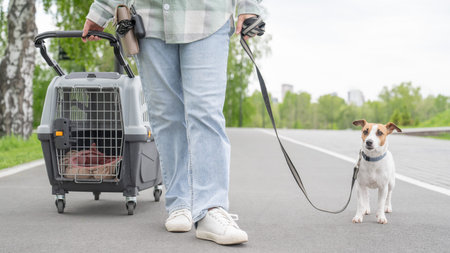 Caucasian woman traveling with dog. Owner walks Jack Russell Terrier and carries cage for safe...