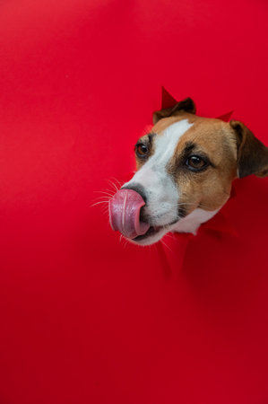 Funny dog licks his nose. Jack Russell Terrier head sticking out through red cardboard background. Vertical photoの写真素材