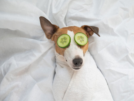 Jack Russell Terrier Wrapped in Towel with Cucumbers on Eyes. Dog Spaの写真素材