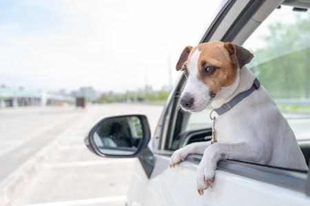 Jack Russell Terrier dog looking out of car windowの写真素材