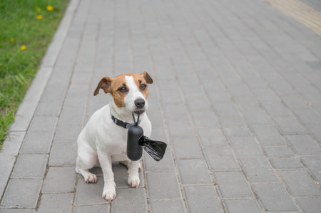 This charming image captures a small dog sitting patiently on a paved walkway, holding a waste bag dispenser in its mouthの写真素材