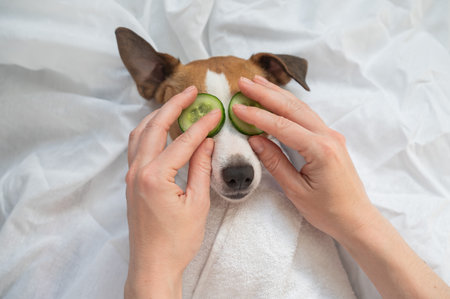 Dog spa. Woman places cucumbers on Jack Russell Terriers eyesの写真素材