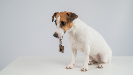 Jack Russell Terrier Dog Holding House Keys on white backgroundの写真素材