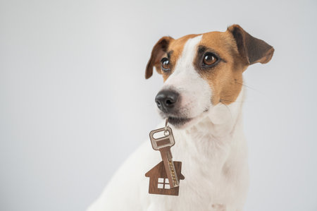 Jack Russell Terrier Dog Holding House Keys on white backgroundの写真素材