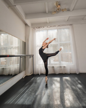 A beautiful Asian woman is dancing at the barre. Ballet dancerの写真素材