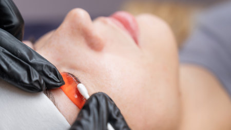 Caucasian woman undergoing eyelash lamination procedure