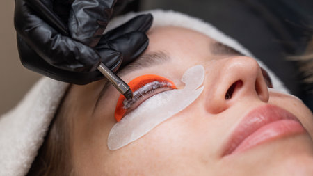 Caucasian woman undergoing eyelash lamination procedure