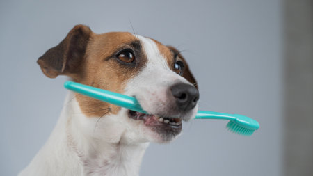 Jack Russell Terrier Dog Holding a Toothbrush in His Mouthの写真素材