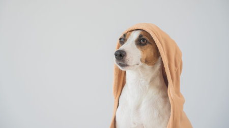 Jack Russell Terrier dog wrapped in towel on white backgroundの写真素材