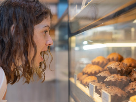 Caucasian woman looks greedily at baked goods in a bakeryの写真素材