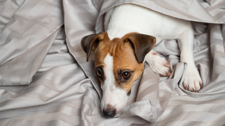 Jack russell terrier dog lying in bedの写真素材
