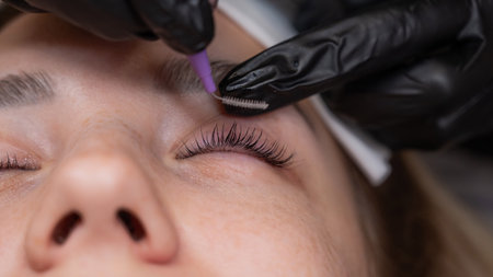 Close-up of a womans eye after eyelash lamination procedureの写真素材