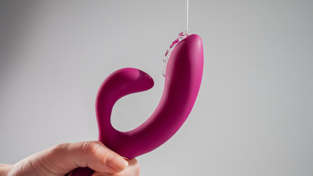 Lube pouring on pink dildo on white backgroundの写真素材
