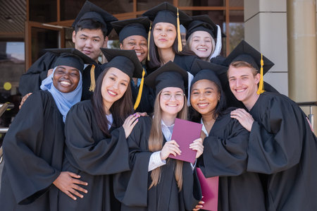Happy students of different nationalities in graduation gowns hold their diplomasの写真素材