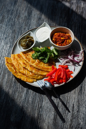 Top view of a plate of fajitas