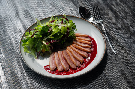 Roasted duck cut into pieces on a plateの写真素材