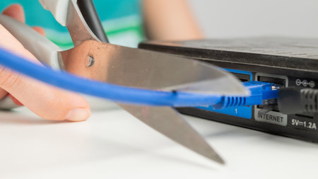 Scissors cut the router cablesの写真素材