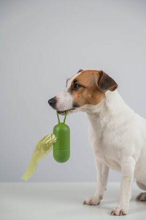 Jack Russell Terrier dog holding container with dog waste bagの写真素材