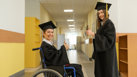 Happy young woman and woman in wheelchair in graduate gown with diploma in hands. Inclusive educationの写真素材