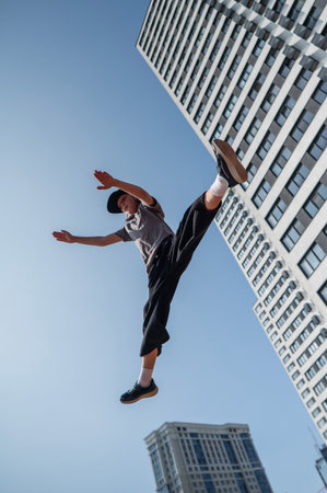 A girl jumps on a gymnastic trampolineの写真素材