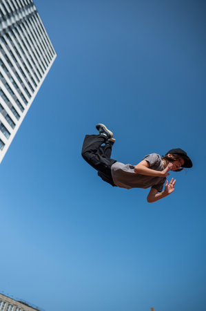 A girl jumps on a gymnastic trampolineの写真素材